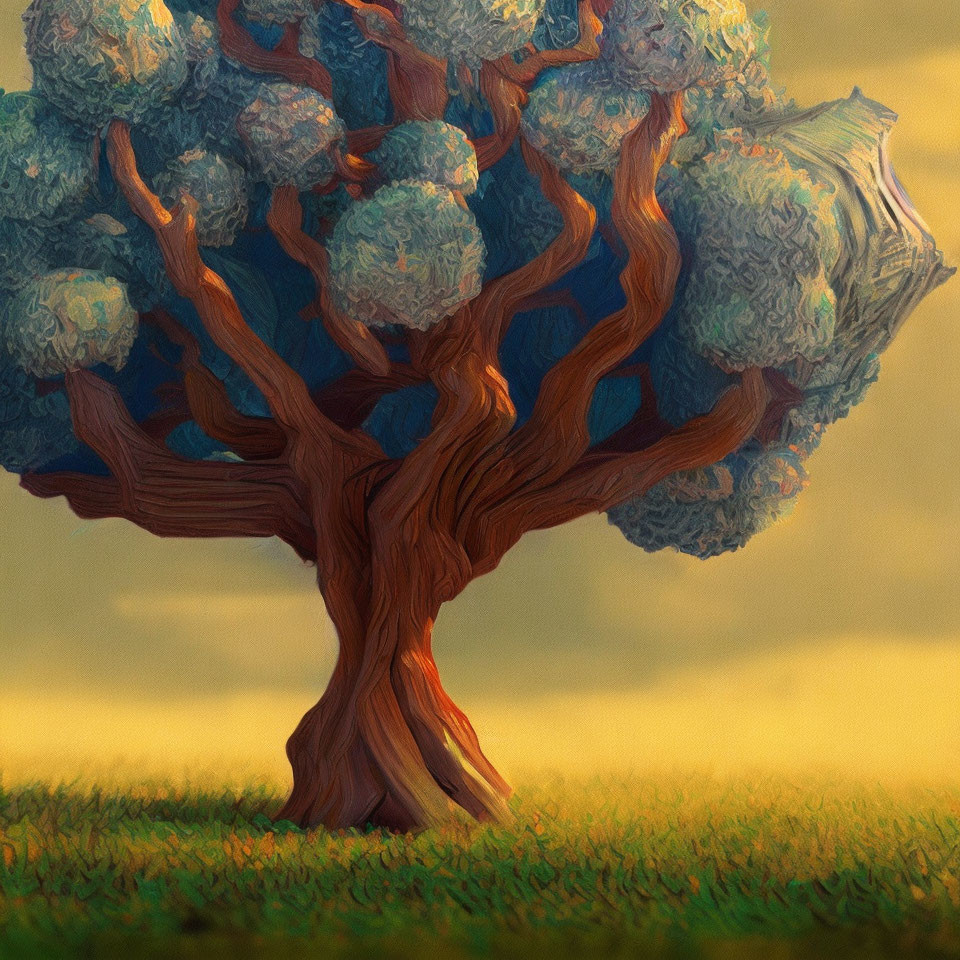 Stylized painting of solitary tree with thick trunk and lush foliage