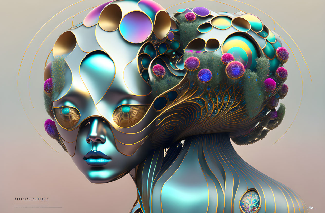 Digital art: Female figure with metallic skin and organic shapes merging with geometric patterns