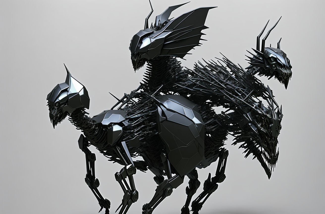 Futuristic mechanical dragon illustration with sharp edges and intricate wings