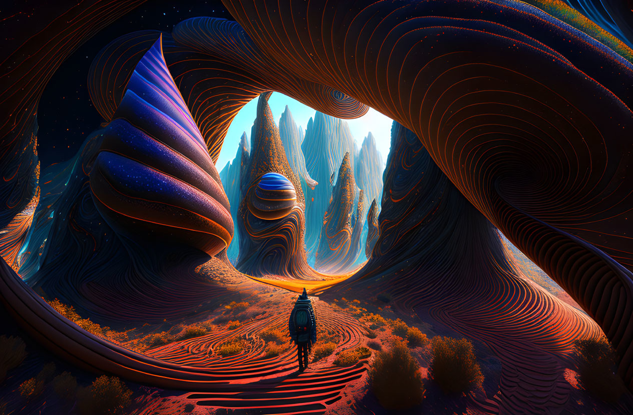 Surreal landscape with swirling orange patterns and towering blue rock formations