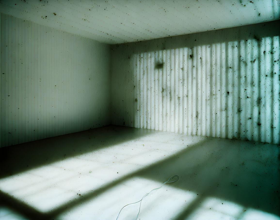Shadowy Empty Room with Textured Surfaces and Blinds Cast Shadows