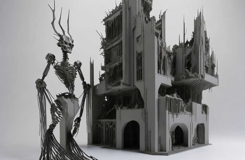Monochromatic skeletal figure near Gothic building structure