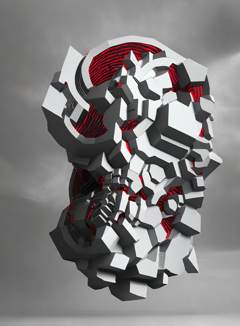 Abstract 3D Digital Art: Fragmented Shapes in White and Gray with Red Accents