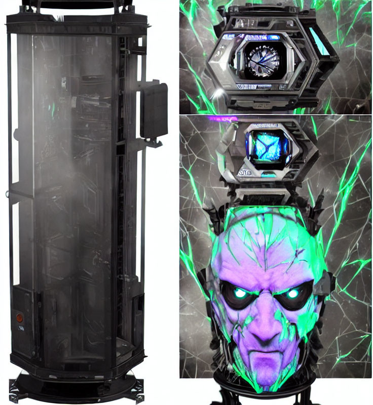 Sci-fi themed device with glowing green alien head and hexagonal screen in tall black cylindrical structure