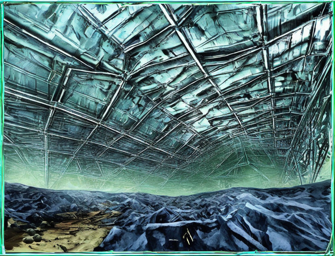 Geometric green crystal ceiling in cavernous space