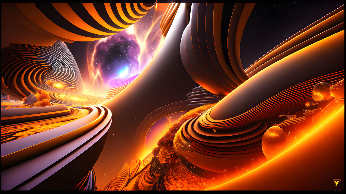 Vivid Sci-Fi Landscape with Orange and Black Structures Under Glowing Cosmos