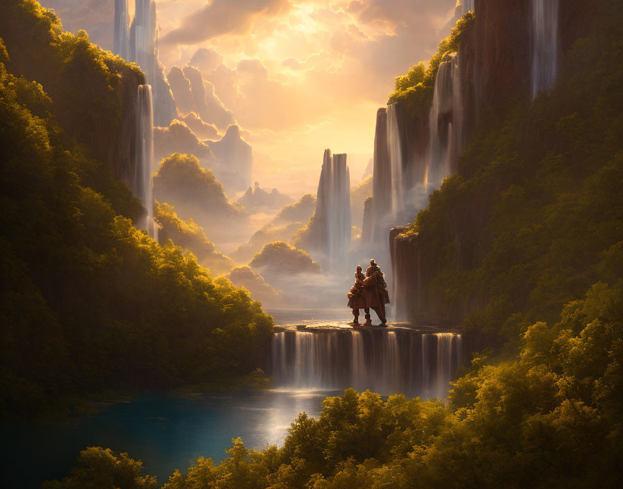 Fantasy landscape with waterfalls, greenery, misty skies, figure on horse by lake