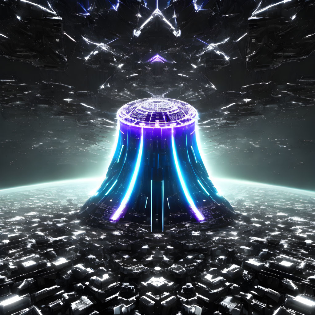 Futuristic cylindrical structure with neon lights and geometric shapes on starry background