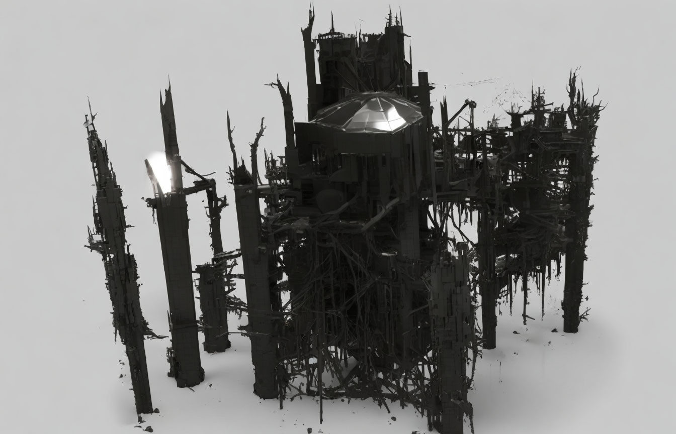 Dark dystopian structure with sharp spires and metallic dome in 3D rendering