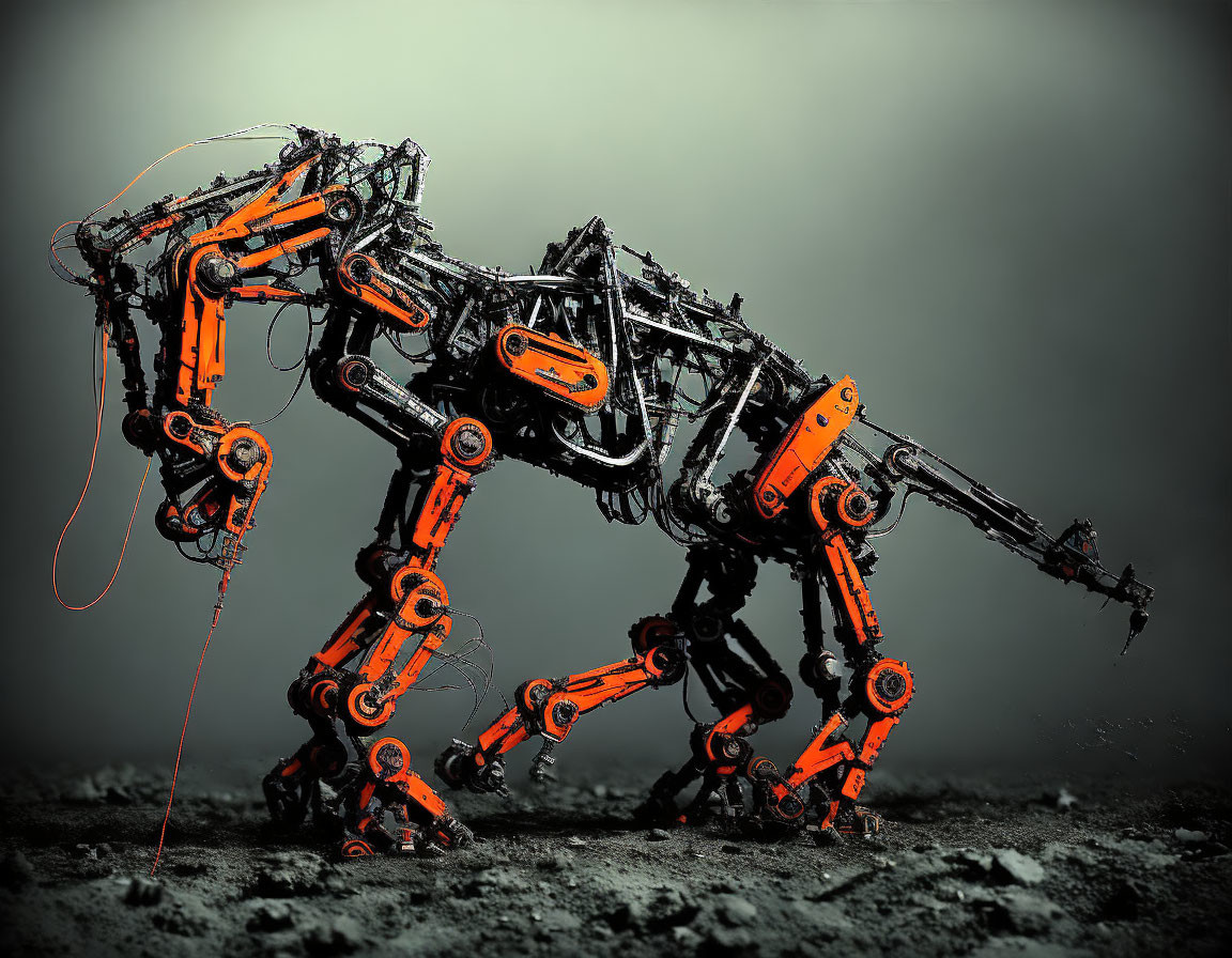 Detailed mechanical horse sculpture in black and orange with visible wires and hydraulics