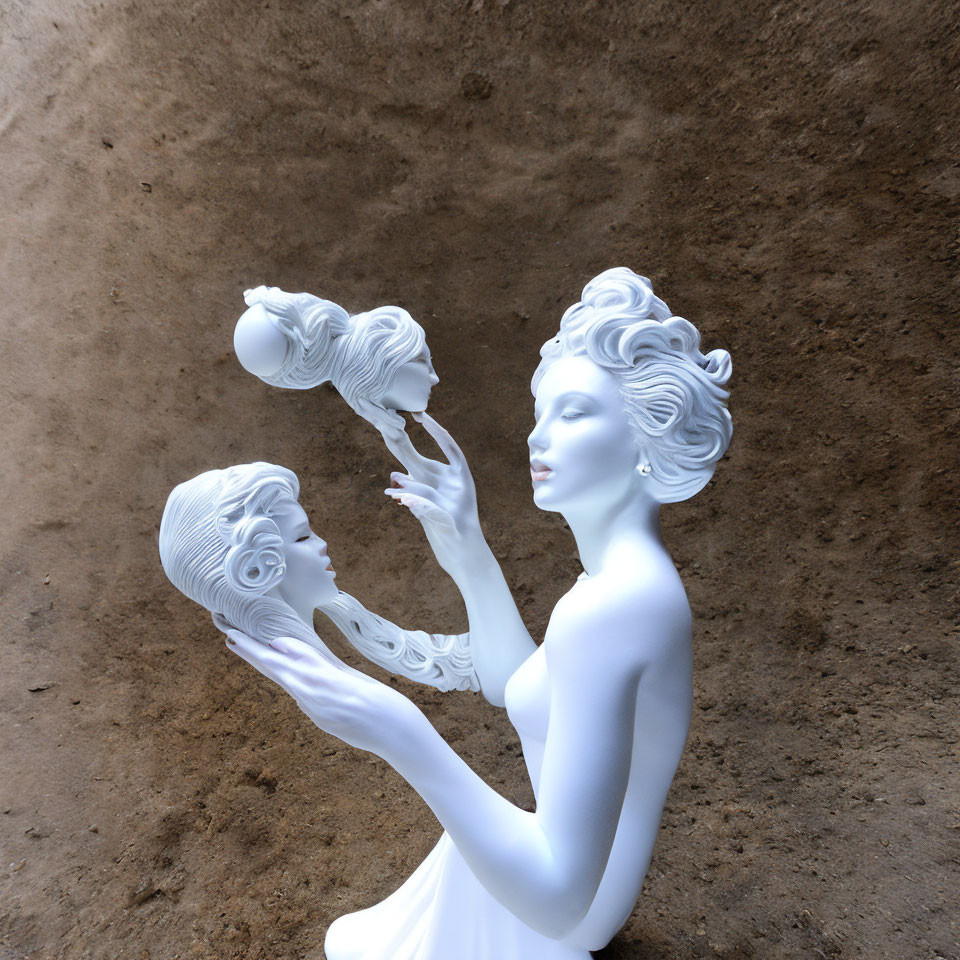 Detailed white sculpture of woman holding smaller version against earthy background