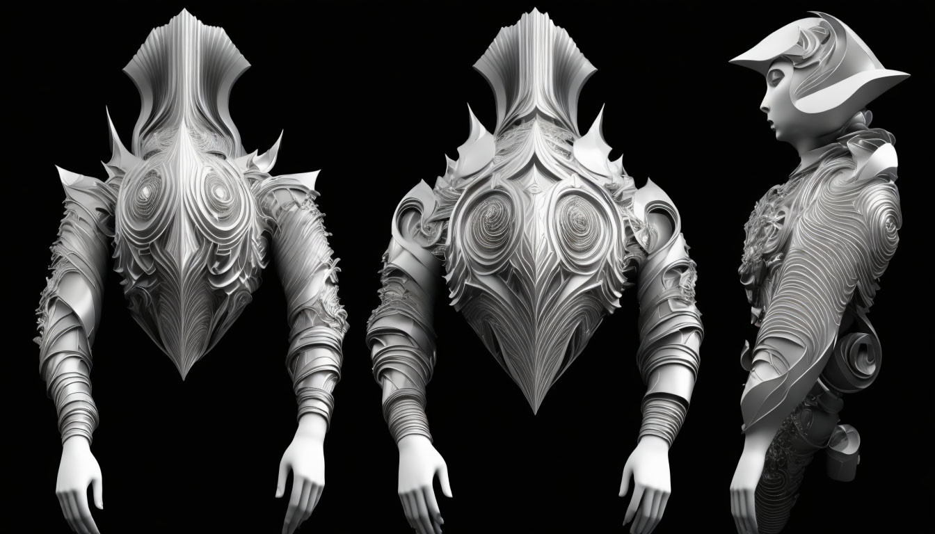 Detailed grayscale fantasy armor set chest piece and helmet images