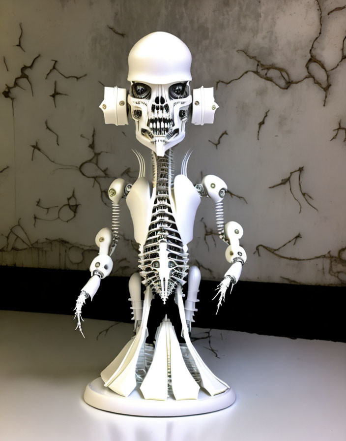 Detailed Humanoid Skeleton Model with Mechanical Elements on Cracked Stone Backdrop