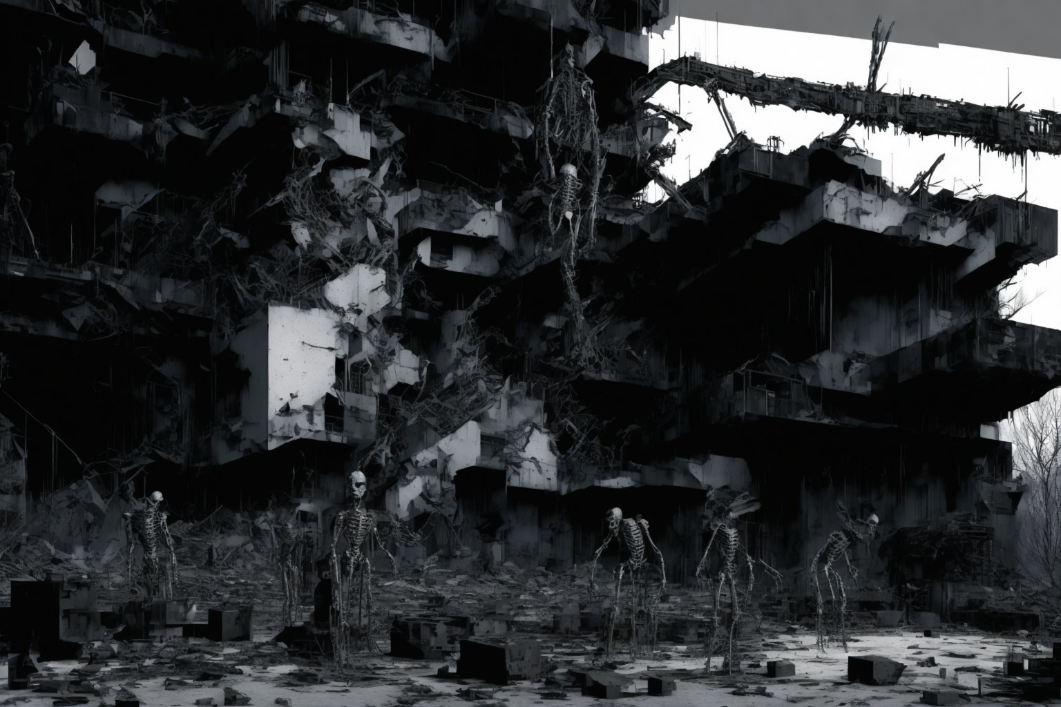 Dystopian landscape with skeletal figures in ruins