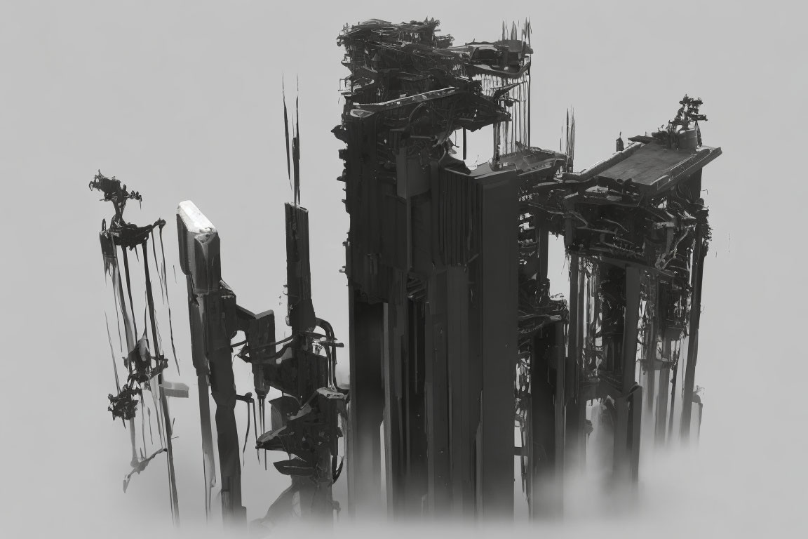 Abstract grayscale image of intricate, jagged structures in mist
