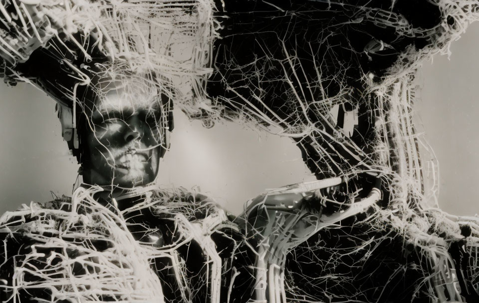 Monochrome artistic photo of person's silhouette entwined with web-like textures