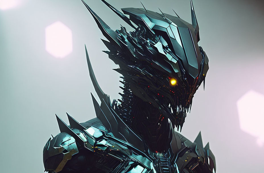 Armored Figure with Dragon-like Helmet and Glowing Eyes Against Soft-lit Background