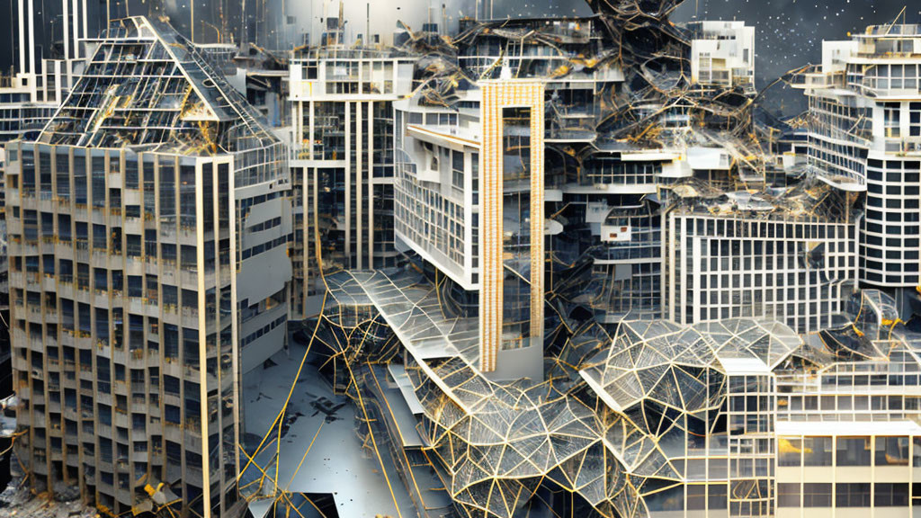 Futuristic cityscape with interconnected buildings and glowing golden network