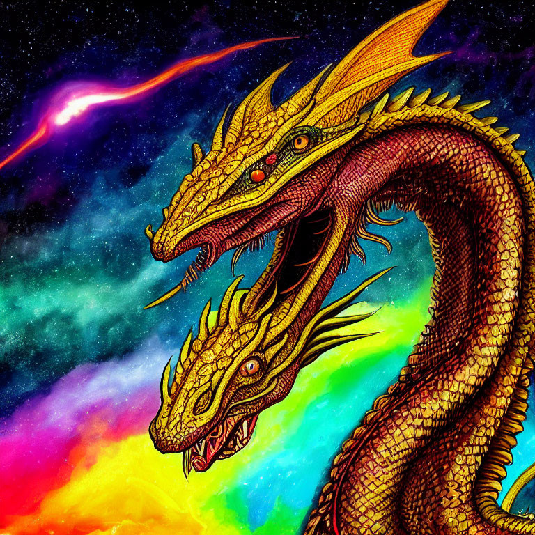Colorful Digital Art: Golden Two-Headed Dragon in Cosmic Nebula