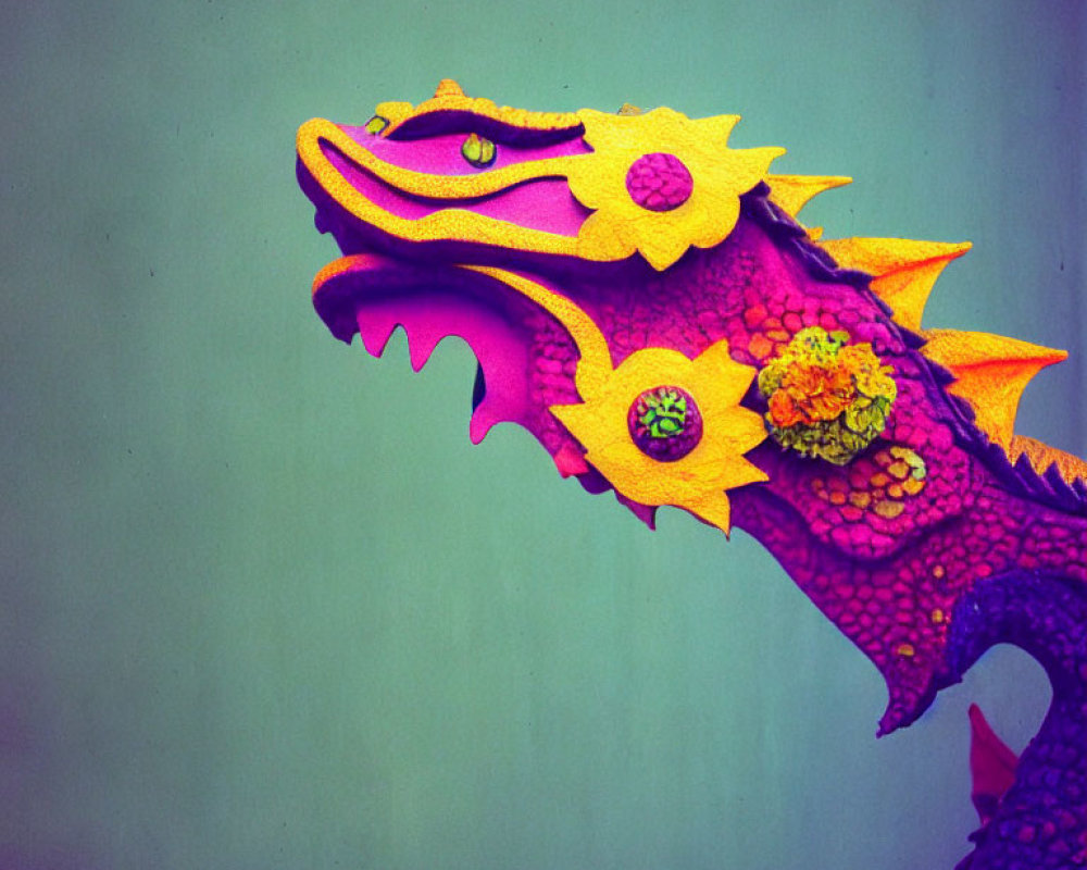 Vibrant purple and yellow dragon head with floral details on blue background