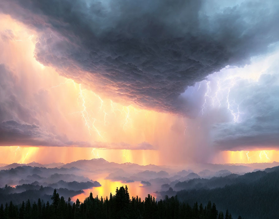 Dramatic thunderstorm with lightning strikes over forest-covered hills