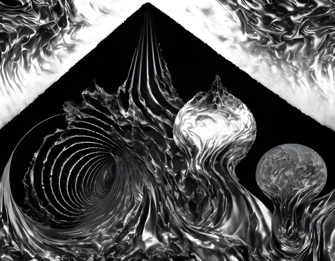 Monochrome abstract art: swirling shapes, textured waves, triangular frame