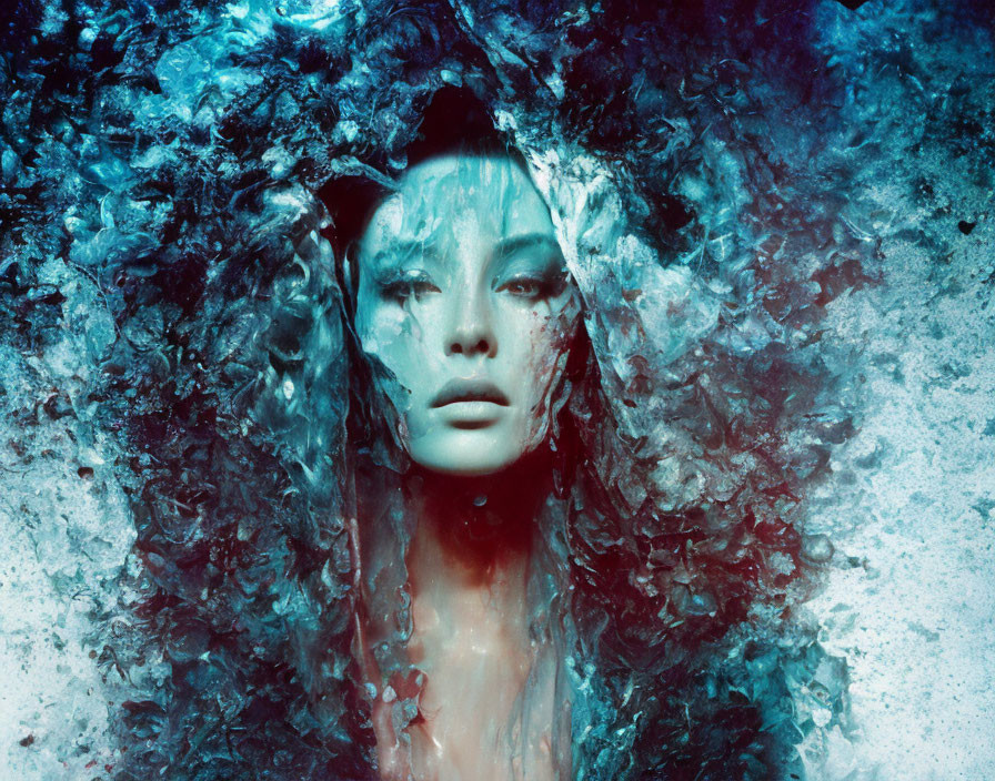 Surreal portrait of serene woman submerged in swirling blue water