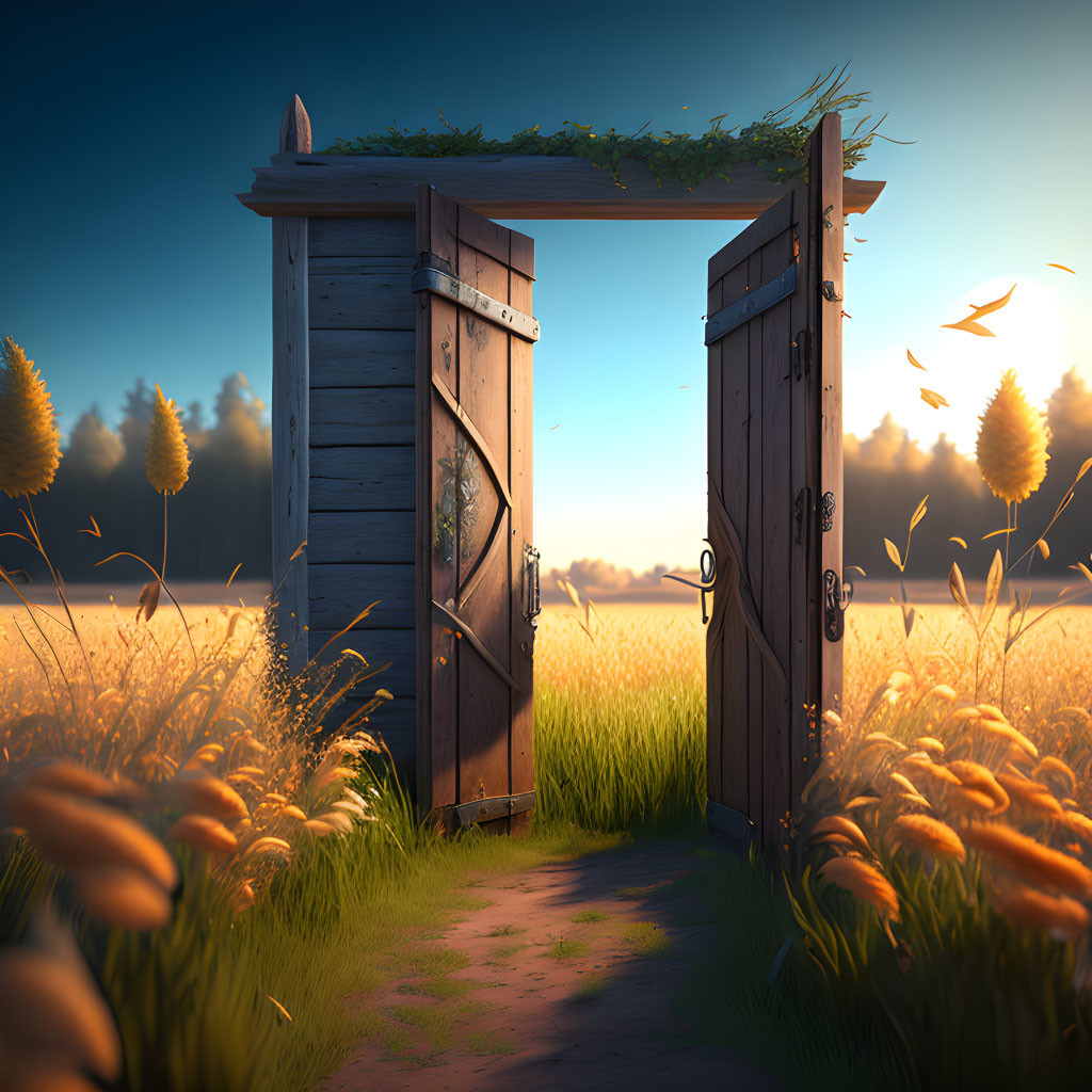 Rustic door in golden wheat field at dawn or dusk