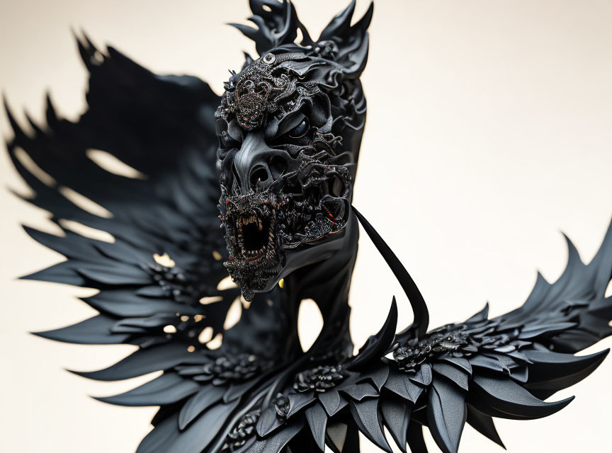Detailed Black Dragon Sculpture with Open Jaws and Sharp Teeth