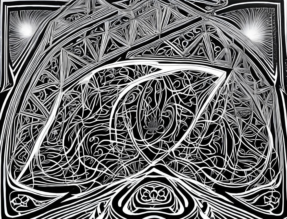 Symmetrical black and white abstract line art with radiant light sources