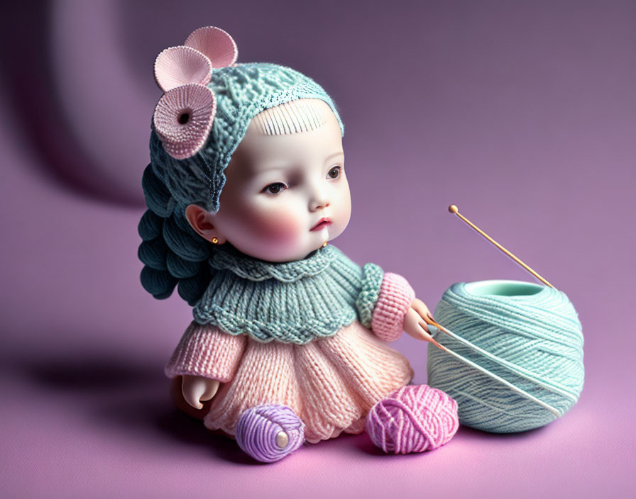Porcelain doll in knitted dress with yarn balls on purple background