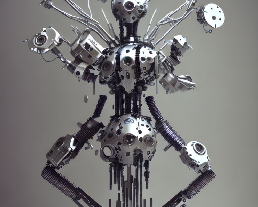 Intricate mechanical sculpture of tree with spherical joints and gears