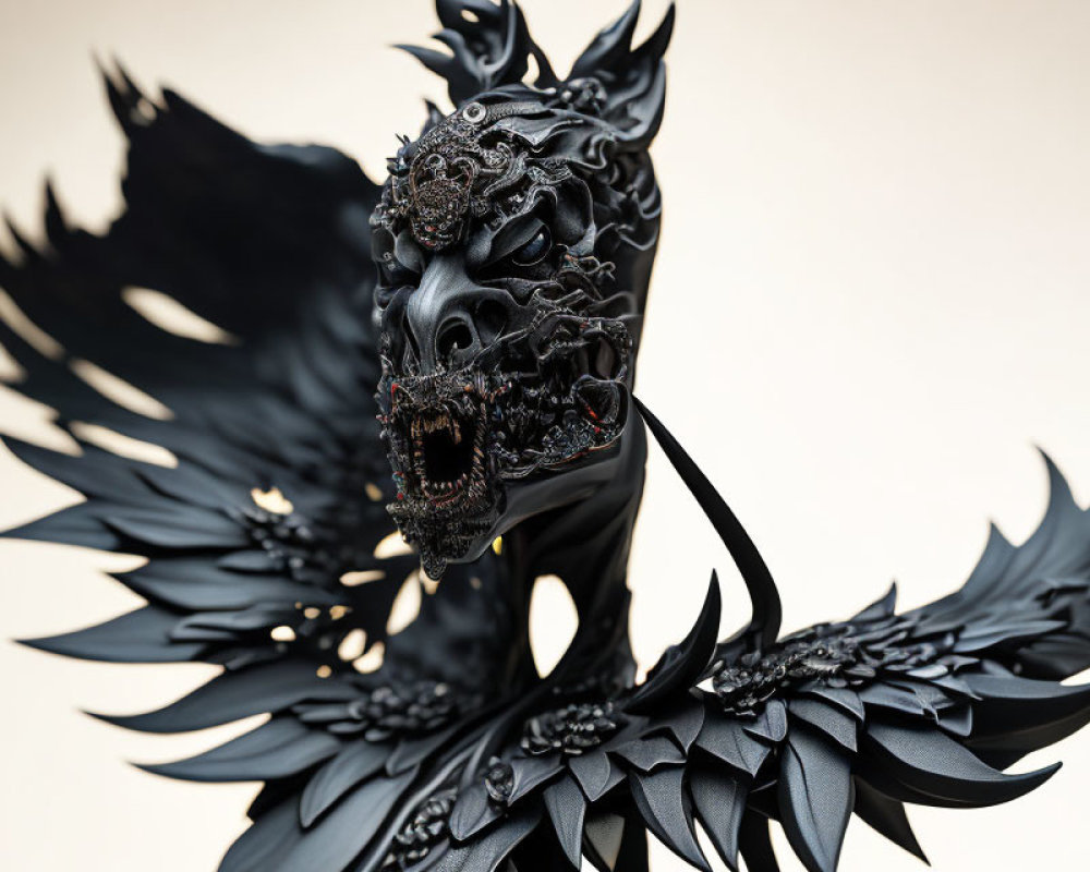 Detailed Black Dragon Sculpture with Open Jaws and Sharp Teeth
