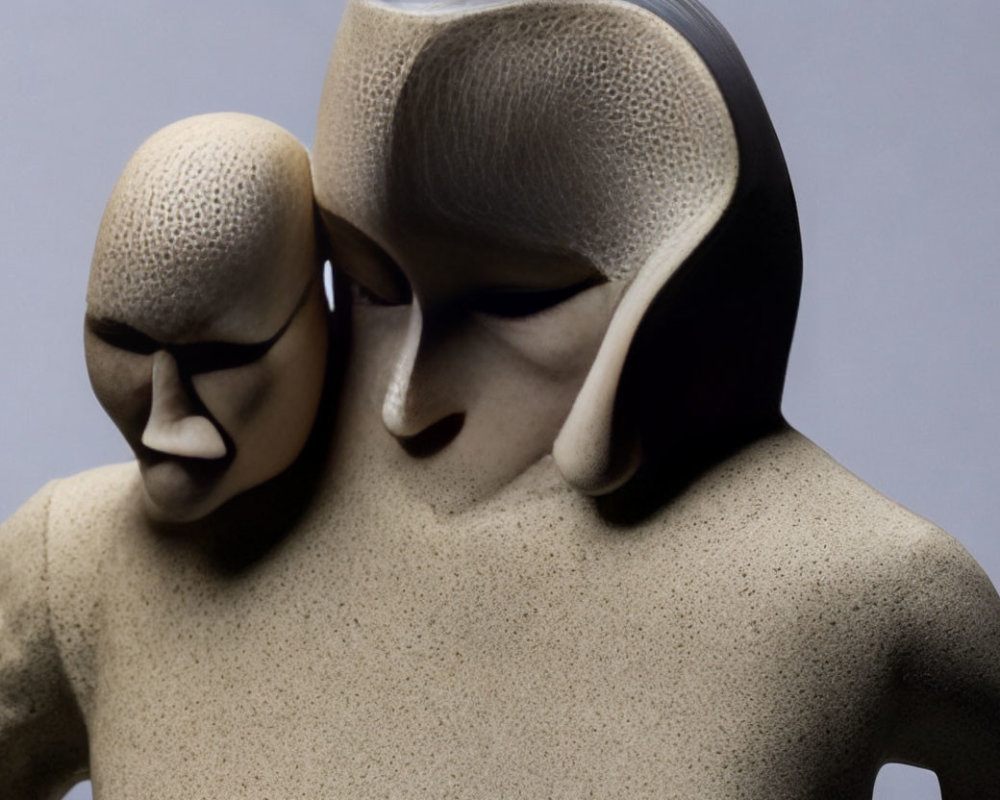 Abstract Humanoid Sculptures with Textured Surfaces and Stylized Facial Features on Gray Background