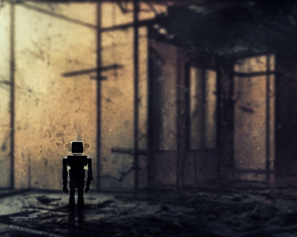 Small humanoid robot in dusty, dilapidated room with large windows.