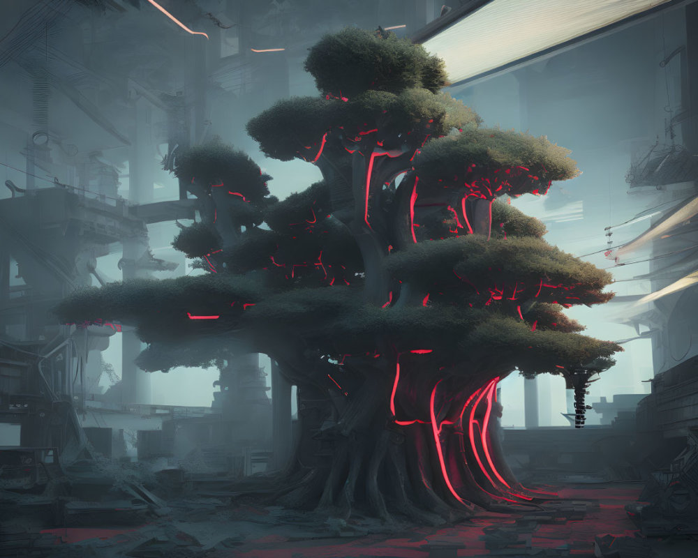 Surreal tree with red glowing veins in industrial ruins under blue light