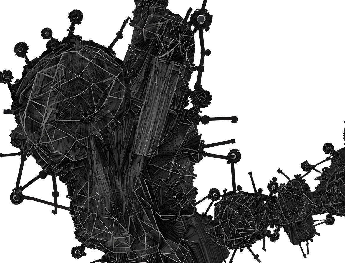 Interconnected black mesh structures with gears in abstract 3D image