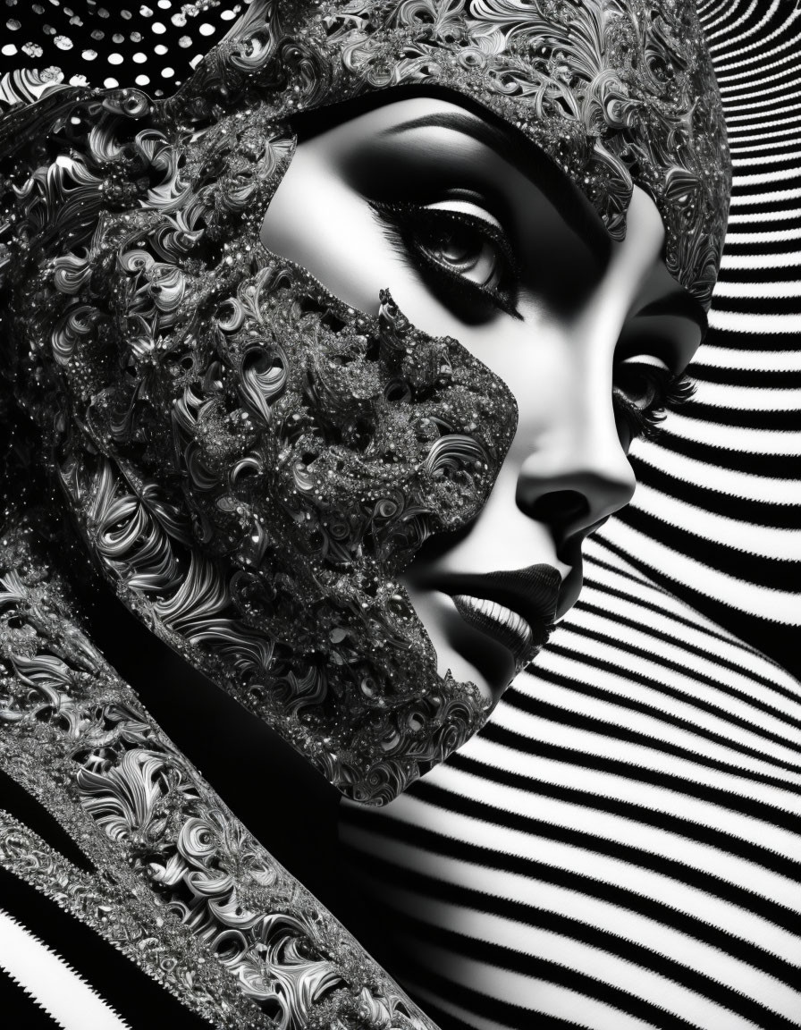 Monochrome intricate mask with human-like face on striped background