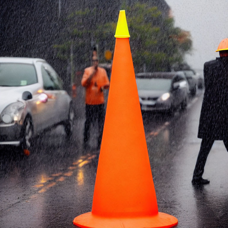Bright orange traffic cone in rain with blurred figures and vehicles.