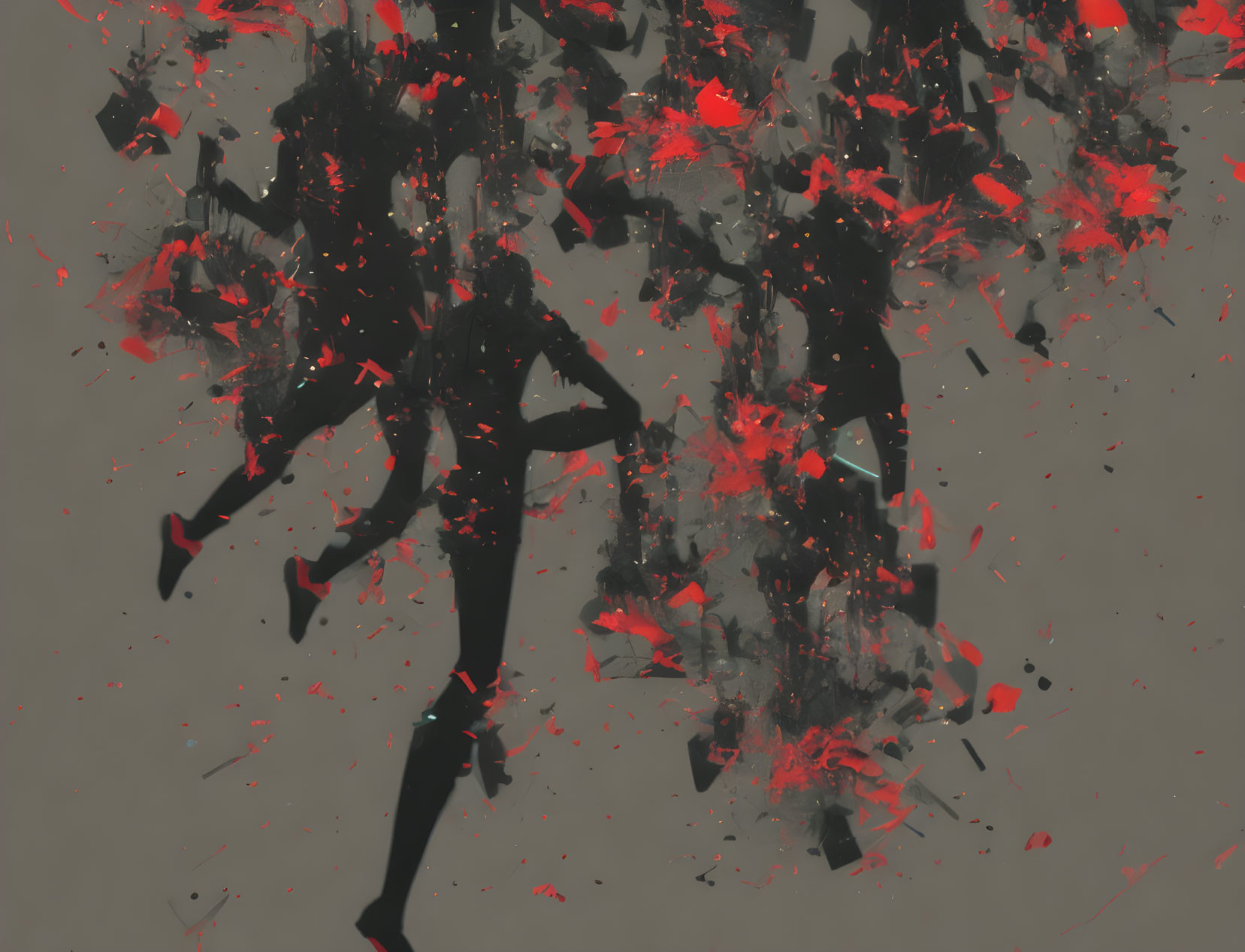 Silhouetted Figures in Abstract Art with Black and Red Explosive Fragments