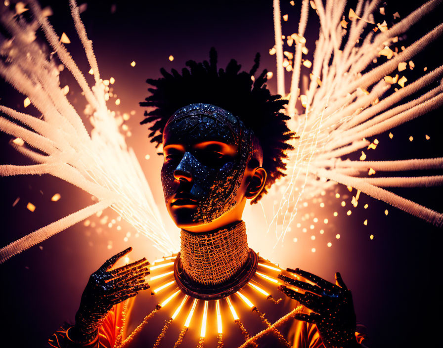 Masked person with sparkler light effects and dramatic ambiance