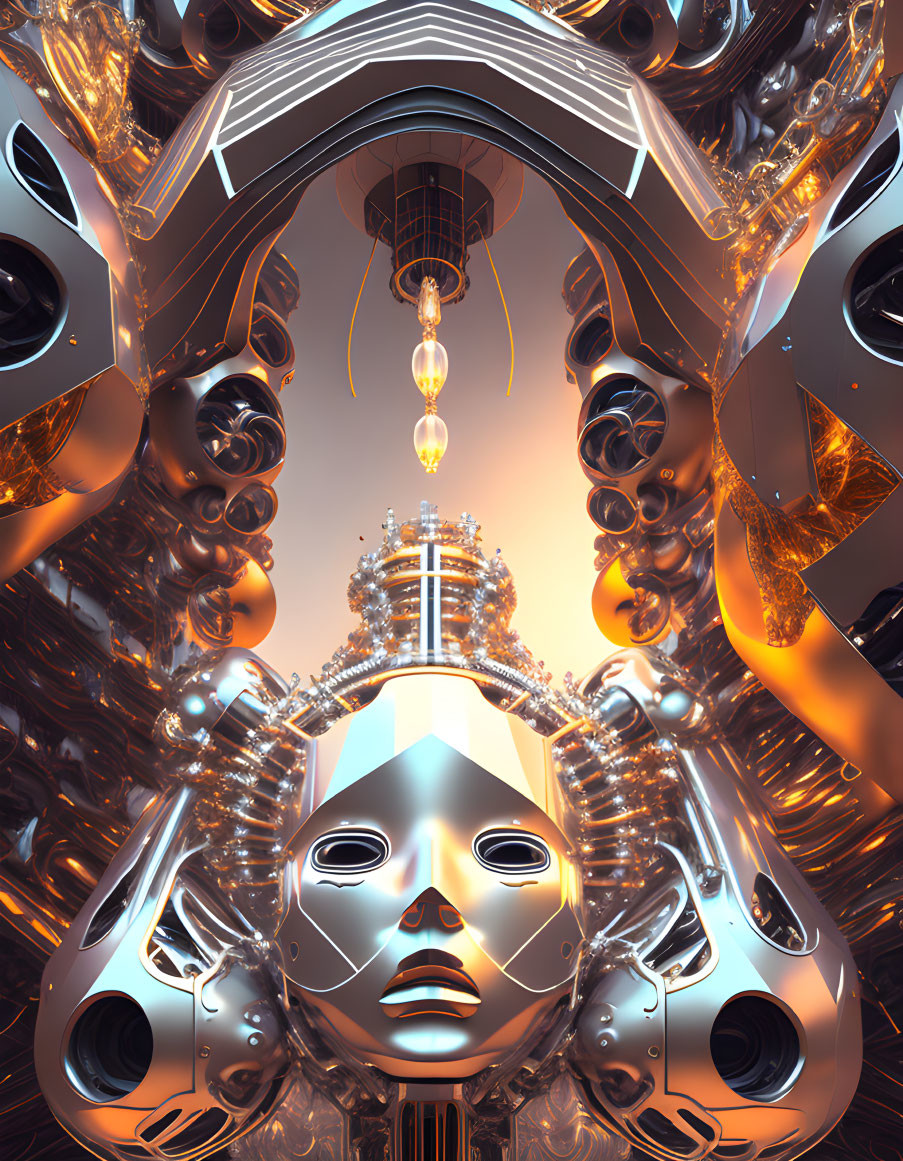 Futuristic metallic robot face with glowing orange elements in intricate machinery landscape