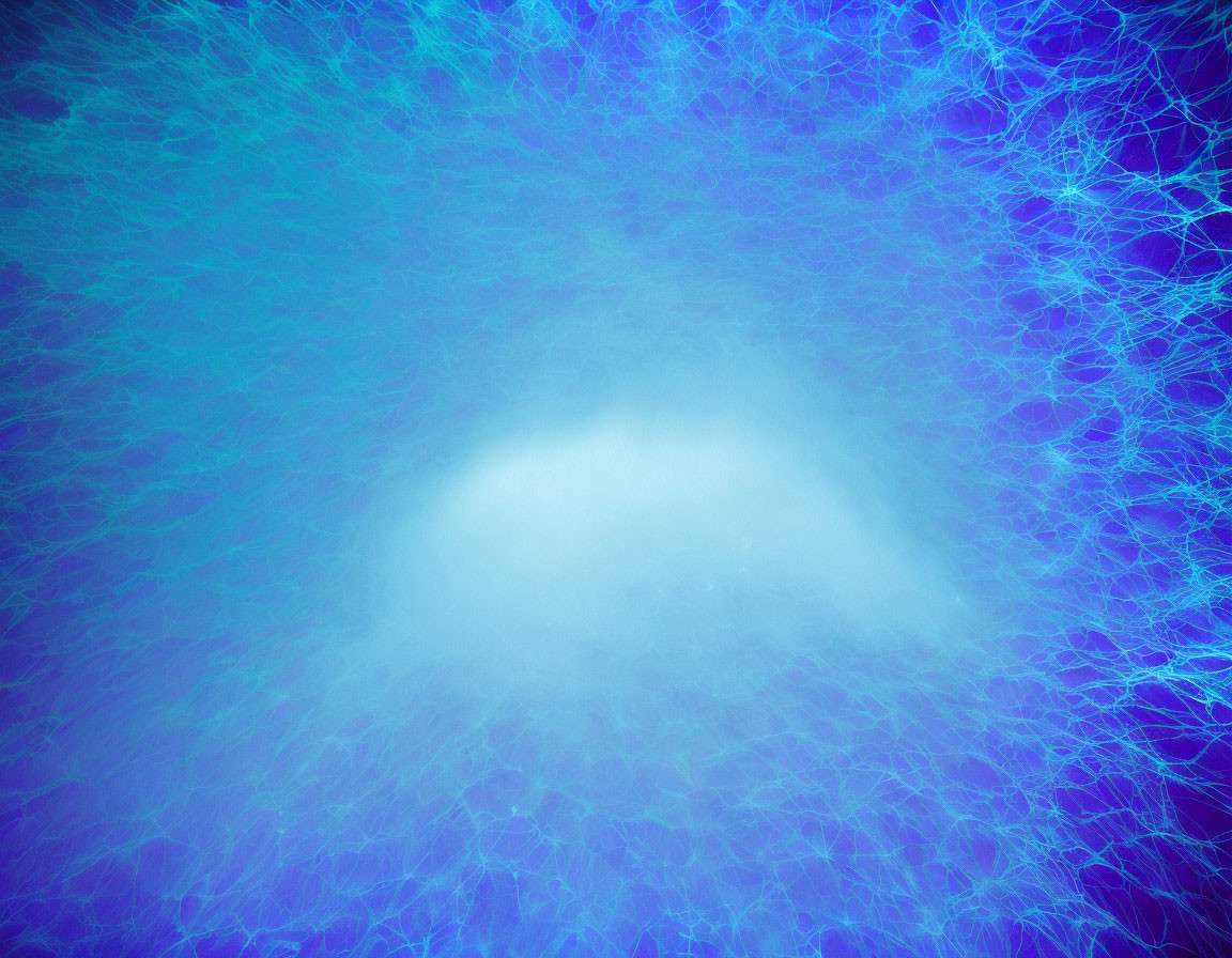 Abstract glowing white center with blue and white fibers on deep blue background