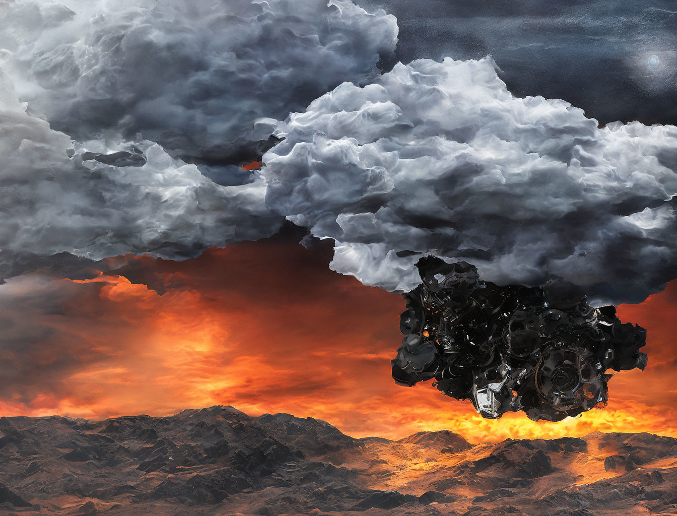 Dystopian landscape with ominous clouds and swirling debris.