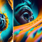 Teal-Haired Woman with Sunglasses in Colorful Paint Splashes