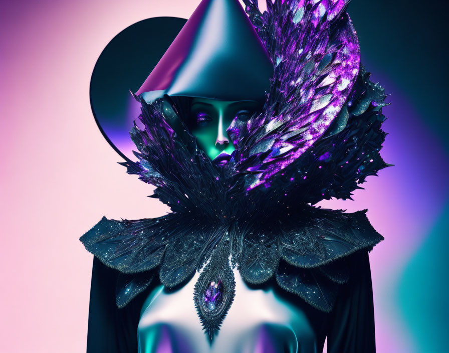 Stylized portrait with metallic hat, iridescent feathers, and gemstone on dual-tone backdrop
