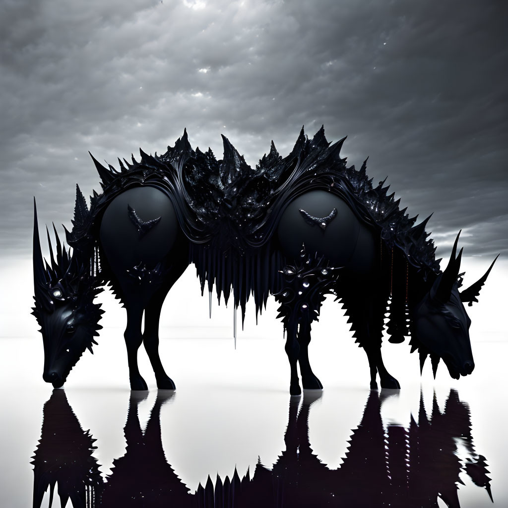 Stylized black spiky horse-like creatures on glossy surface under moody sky