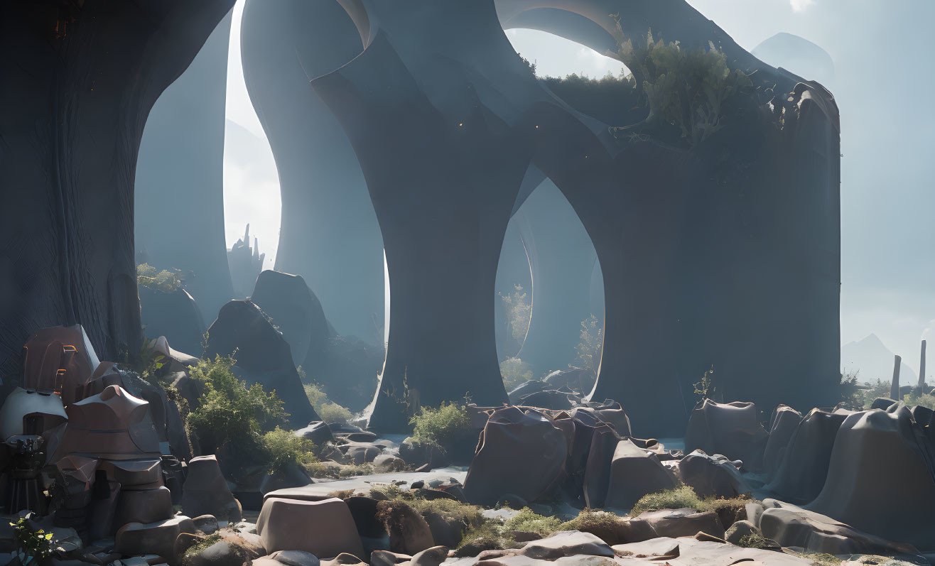 Alien landscape with towering arches, lush vegetation, scattered rocks, and unusual structures
