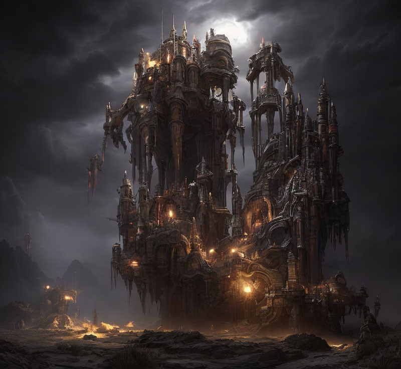 Gothic-style fortress under stormy sky with warm glows and floating structures