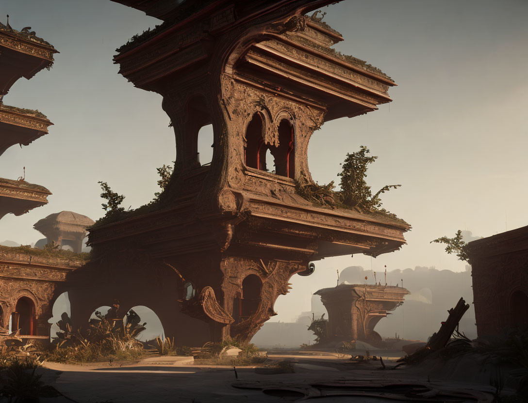 Ancient city with ornate structures in overgrown vegetation